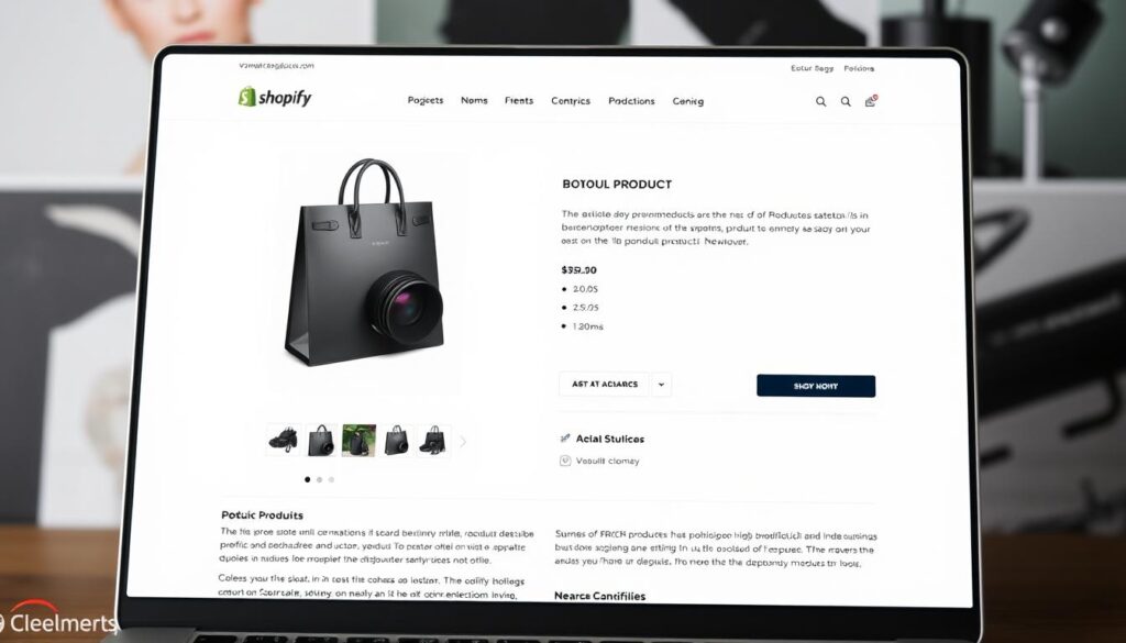 A beautifully designed Shopify product page, featuring a clean and modern layout. The foreground showcases a high-quality product image, captured with a professional-grade camera and thoughtful lighting to highlight its details and textures. The middle ground presents a well-organized product description, leveraging typography and visual hierarchy to guide the viewer's attention. The background subtly incorporates on-brand graphics or patterns, creating a visually appealing and cohesive composition. The overall atmosphere is one of sophistication and attention to user experience, reflecting the importance of optimizing product pages for search engine visibility and user engagement.