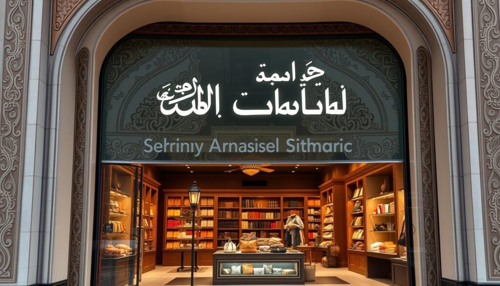 A beautifully designed Shopify store in Arabic, with a warm, inviting atmosphere. The storefront features intricate Arabic calligraphy, complemented by elegant Middle Eastern architectural elements. The layout flows seamlessly from right to left, creating a cohesive and immersive shopping experience. Soft, indirect lighting illuminates the space, highlighting the rich textures and vibrant colors of the merchandise. The overall aesthetic strikes a balance between modernity and traditional Middle Eastern design, reflecting the store's commitment to serving its local Arabic-speaking community.