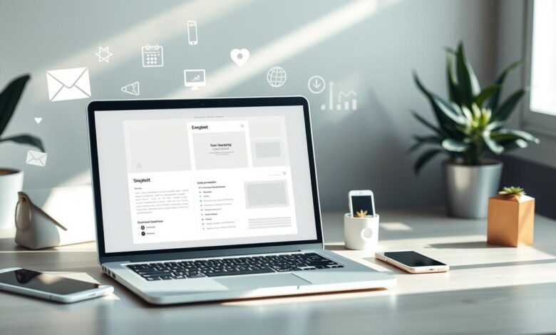 A beautifully designed email marketing campaign, with a clean and modern aesthetic. The composition features a sleek laptop displaying an email template, surrounded by thoughtfully arranged icons and elements symbolizing the email marketing process - an envelope, a mobile device, a calendar, and analytics graphs. The lighting is soft and natural, creating a warm and inviting atmosphere. The color palette is muted and professional, with pops of accent colors to draw the eye. The overall scene conveys the efficiency, effectiveness, and potential of a successful email marketing strategy for an e-commerce business on the Shopify platform.