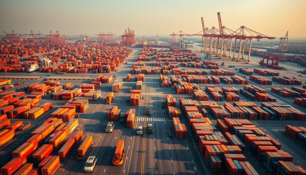 A bird's-eye view of a bustling logistics hub in China, featuring a vast expanse of cargo containers stacked meticulously, their vibrant colors creating a visually striking composition. The scene is bathed in warm, golden light, casting long shadows that add depth and dimension. In the foreground, a fleet of trucks and forklifts navigate the intricate network of pathways, moving goods with precision and efficiency. The middle ground showcases the intricate web of shipping containers, each one a testament to the global reach of trade. In the background, towering cranes stand sentinel, their mechanical arms swinging rhythmically, seamlessly orchestrating the flow of materials. The overall atmosphere conveys a sense of industrious activity, the cogs of an interconnected global supply chain in constant motion.
