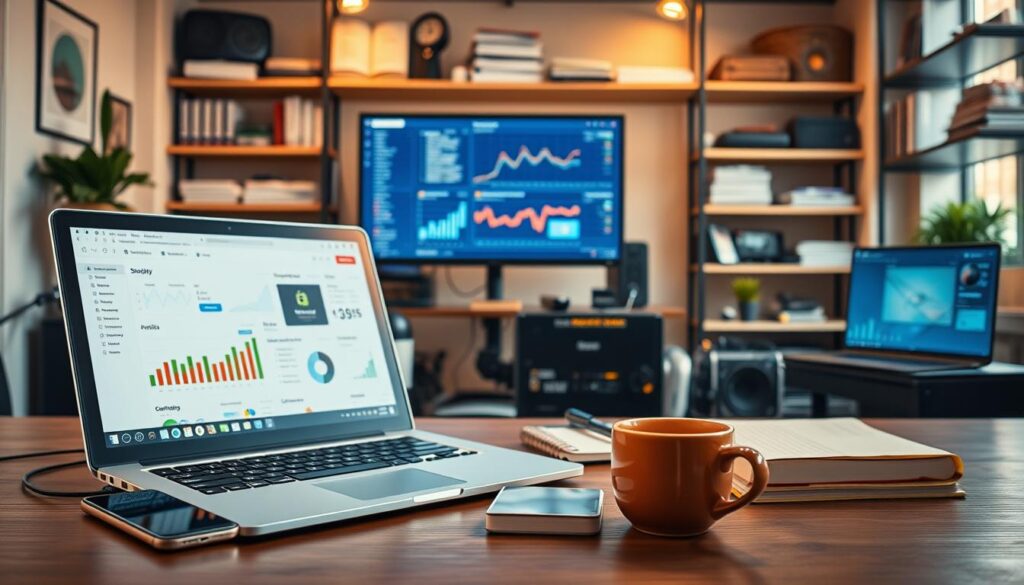 A bright, modern office setting featuring various SEO optimization tools for Shopify stores. In the foreground, a sleek laptop displays a Shopify dashboard, surrounded by a neatly organized array of SEO-related items such as a smartphone, a notepad, and a cup of coffee. The middle ground showcases a monitor displaying analytics and performance data, while the background features shelves filled with reference books and technical equipment, creating an atmosphere of professionalism and productivity. Warm, directional lighting illuminates the scene, casting subtle shadows and highlighting the details of the tools. The overall composition conveys a sense of efficiency, organization, and the pursuit of digital marketing excellence for Shopify businesses.