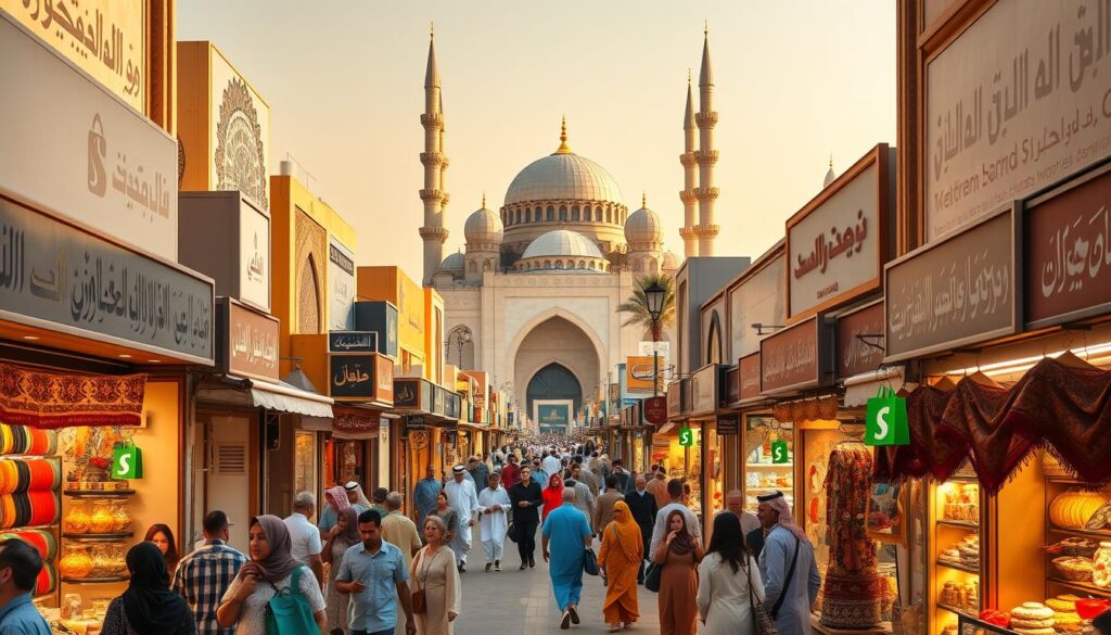 A bustling Saudi Arabian marketplace, showcasing thriving Shopify-powered stores. The scene depicts a lively street lined with vibrant storefronts, their facades adorned with intricate Arabic calligraphy and traditional architectural elements. Shoppers weave through the bustling crowds, admiring the diverse range of products on display, from vibrant textiles to handcrafted artisanal goods. Warm, golden lighting bathes the scene, creating a welcoming and prosperous atmosphere. In the distance, the iconic domes and minarets of a grand mosque stand tall, reflecting the rich cultural heritage of the region. The image captures the spirit of entrepreneurial success and the integration of modern e-commerce platforms within the traditional Saudi retail landscape.