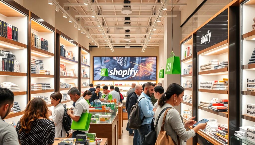 A bustling Shopify store in an Arab market, filled with warm lighting and vibrant colors. Customers browse through neatly arranged shelves, examining high-quality products with a sense of curiosity and delight. The store's modern, minimalist design creates an inviting atmosphere, encouraging shoppers to linger and explore. In the background, a large display showcases the latest offerings, drawing the eye and piquing interest. The store's staff are attentive and helpful, offering personalized service to ensure a seamless and enjoyable customer experience. An air of professionalism and attention to detail pervades the scene, reflecting the store's commitment to excellence.