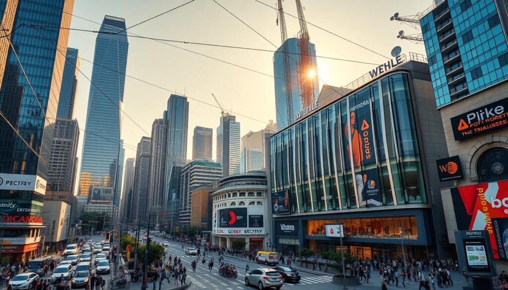 A bustling cityscape filled with towering skyscrapers, their glass facades gleaming under the warm afternoon sun. In the foreground, a busy intersection teems with pedestrians and vehicles, the flow of commerce pulsing through the urban landscape. Amidst the activity, a modern shopping mall stands tall, its sleek design and digital signage hinting at the digital revolution transforming the world of business. In the background, a network of cables and satellite dishes suggests the invisible infrastructure that powers the digital economy, connecting this vibrant city to the global marketplace. The scene exudes a sense of dynamism and progress, capturing the essence of the thriving e-commerce industry.