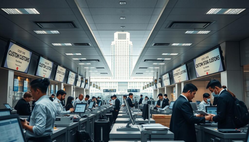 A bustling customs office, with officials diligently processing forms and packages. Streamlined counters, modern signage, and friendly staff guide customers through the process efficiently. Soft, diffused lighting illuminates the space, creating a calm and professional atmosphere. In the background, the towering architecture of the customs building stands as a symbol of national pride and order. The scene conveys a sense of seamless integration, where technology and human touch work in harmony to enhance the customer experience.