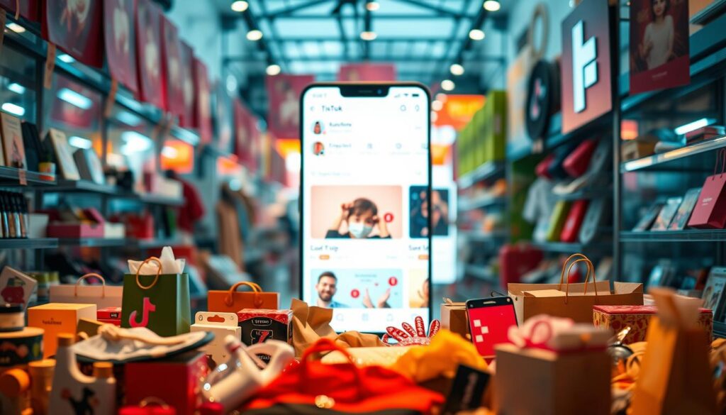 A bustling e-commerce scene featuring various products prominently displayed on a TikTok-inspired platform. The foreground showcases an array of consumer goods, meticulously arranged with careful attention to visual appeal. The middle ground depicts a sleek, minimalist interface reminiscent of a TikTok feed, highlighting the integration between Shopify and TikTok Shop. The background subtly suggests the dynamic nature of social media, with a subtle sense of movement and engagement. Warm, vibrant lighting illuminates the scene, creating a compelling and visually engaging composition that reflects the synergy between these two powerful e-commerce platforms.