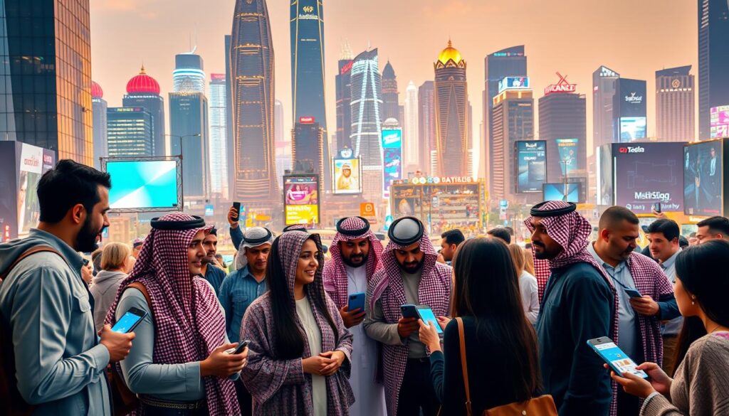 A bustling e-commerce scene with users sharing their experiences on various online platforms. In the foreground, customers excitedly discuss their recent purchases and interactions with sellers. The middle ground showcases a diverse range of digital devices, showcasing the seamless integration of e-commerce into daily life. In the background, a vibrant cityscape with towering skyscrapers and bustling streets, reflecting the dynamic nature of the Saudi Arabian e-commerce landscape. The overall scene conveys a sense of energy, connectivity, and the growing importance of online shopping in the lives of Saudi consumers. The lighting is warm and inviting, capturing the positive sentiments associated with these user experiences.