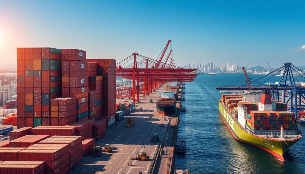 A bustling international shipping port, with towering cargo containers stacked high against a backdrop of a vibrant, sun-dappled cityscape. Sleek container ships glide smoothly along the glistening waterways, while a network of cranes and forklifts efficiently move goods from one mode of transport to another. The scene exudes a sense of global connectivity, with the rhythmic hum of activity and the interlocking flow of logistics. This image captures the essence of the international shipping industry, showcasing its importance and the opportunities it presents for Saudi Arabian merchants to expand their reach and connect with the world.