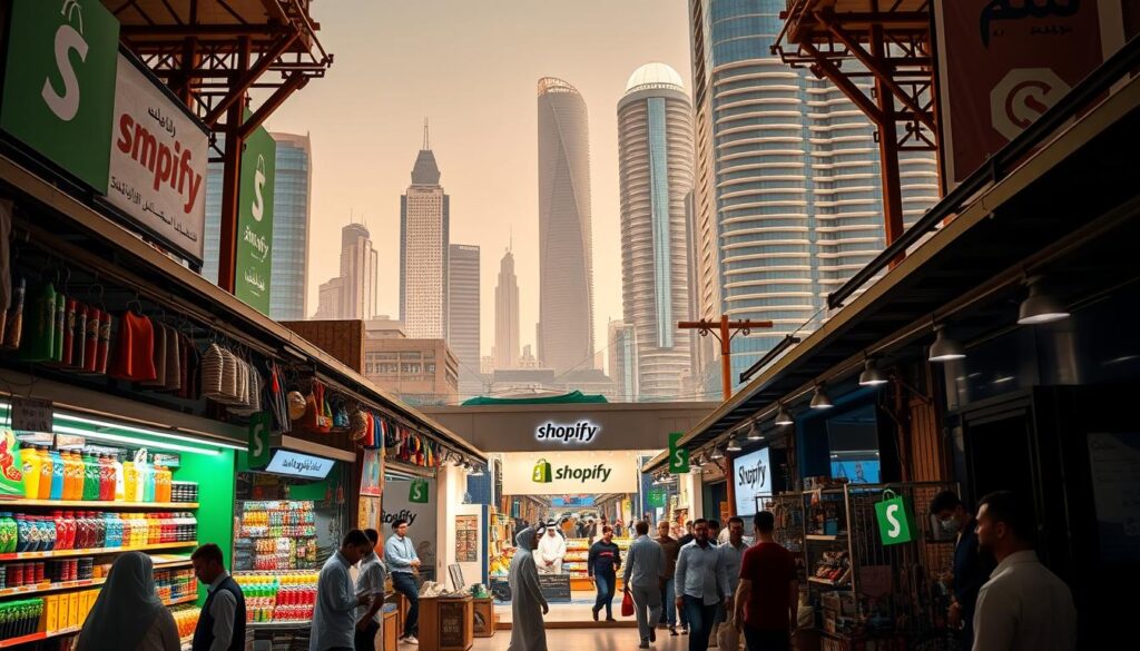 A bustling marketplace in the heart of Saudi Arabia, showcasing the vibrant Shopify ecosystem. In the foreground, an array of colorful product displays and friendly merchants engaged with customers, capturing the energy and dynamism of this e-commerce hub. The middle ground features a clean, modern storefront with the Shopify logo prominently displayed, reflecting the platform's sleek and user-friendly design. In the background, a cityscape of towering skyscrapers and bustling streets, underscoring the scale and importance of this digital commerce revolution sweeping the Kingdom. Warm, natural lighting illuminates the scene, creating a welcoming and inviting atmosphere that encapsulates the accessibility and convenience of Shopify for Saudi Arabian entrepreneurs and businesses.