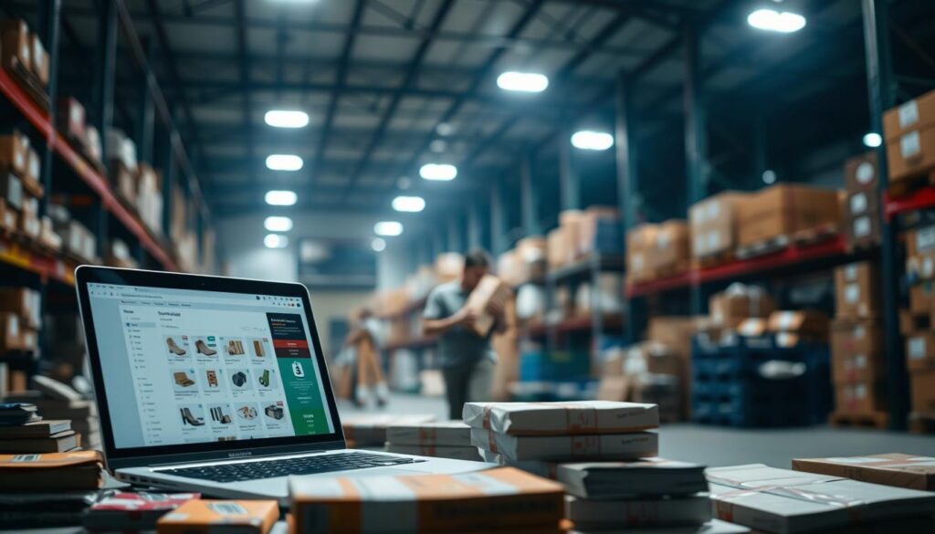 A bustling warehouse interior, dimly lit by soft overhead lighting. In the foreground, a laptop displays the Shopify dashboard, its screen filled with product listings. Scattered around it, stacks of colorful boxes and packaging materials - the tangible fruits of an Ali Express import operation. In the middle ground, a worker carefully scans a package, preparing it for shipment to the Shopify storefront. The background is hazy, filled with the silhouettes of shelves and crates, hinting at the scale of the logistics involved in bridging these two e-commerce titans. The scene conveys the efficiency, organization, and cross-platform synergy required to seamlessly integrate Ali Express inventory into a thriving Shopify-powered online store.
