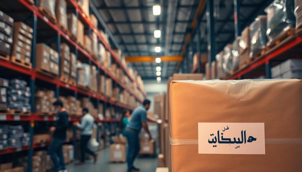 A bustling warehouse interior, with rows of shelves stocked with neatly organized packages and boxes. Warm industrial lighting casts a soft glow, highlighting the efficient movement of workers as they carefully handle the shipping items. In the foreground, a focus on a single package, its label clearly displaying the Arabic text "الشحن". The overall scene conveys a sense of diligence, organization, and the behind-the-scenes effort required to manage shipping and logistics within an e-commerce business.