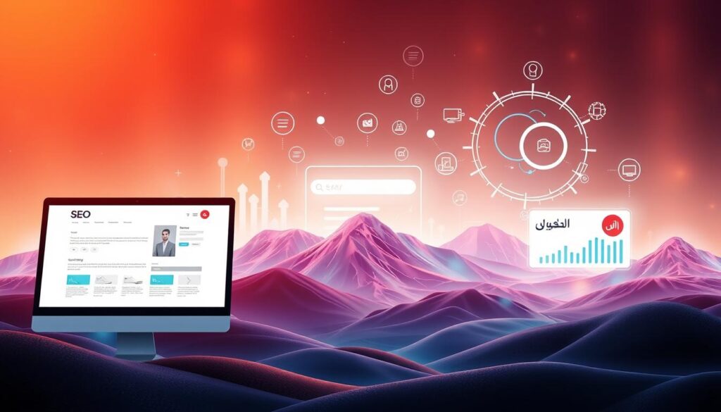 A captivating digital landscape showcasing the essence of user experience optimization. In the foreground, a sleek and intuitive user interface, with clean typography and seamless interactions, draws the viewer's attention. The middle ground features a vibrant, minimalist design, highlighting the importance of visual hierarchy and responsive design. In the background, a stylized representation of search engine optimization mechanisms, symbolizing the interconnectedness of UX and SEO. Warm lighting and a soothing color palette create a sense of harmony and professionalism, conveying the value of improved user experiences for e-commerce businesses in Saudi Arabia.