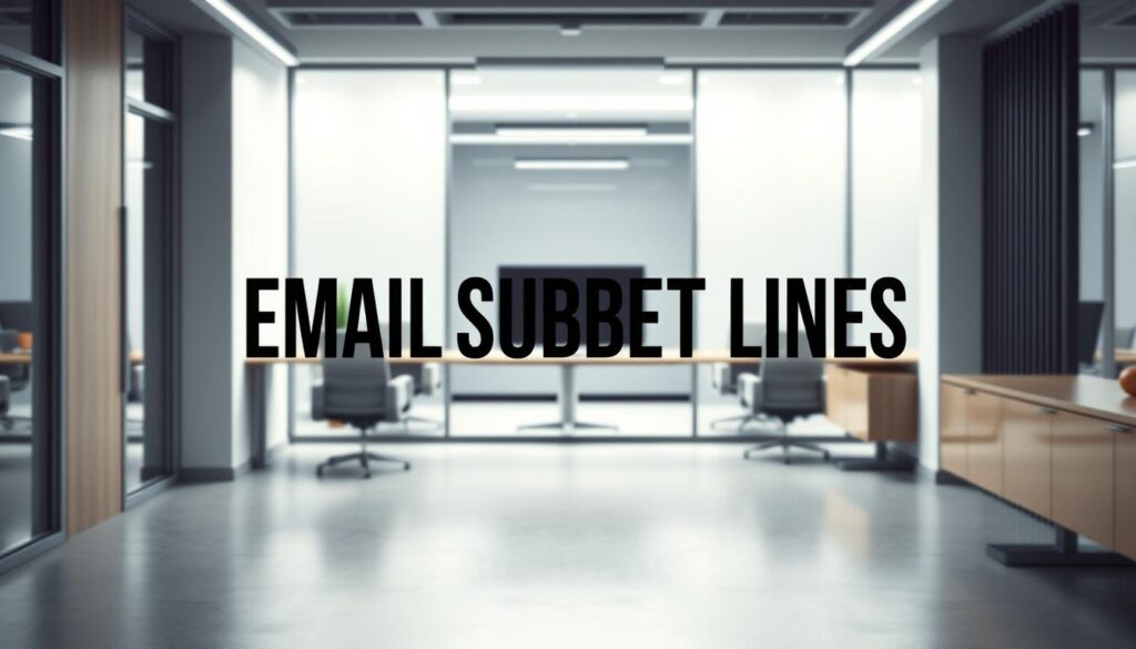 A captivating image of a well-designed email subject line against a backdrop of a modern, minimalist office space. The subject line is prominently displayed in an elegant, attention-grabbing typography, conveying a sense of professionalism and effectiveness. The office setting features clean lines, muted colors, and subtle lighting, creating a serene and focused atmosphere. The overall composition emphasizes the importance of crafting compelling email subject lines to improve open rates, complementing the article's section on enhancing email marketing strategies.