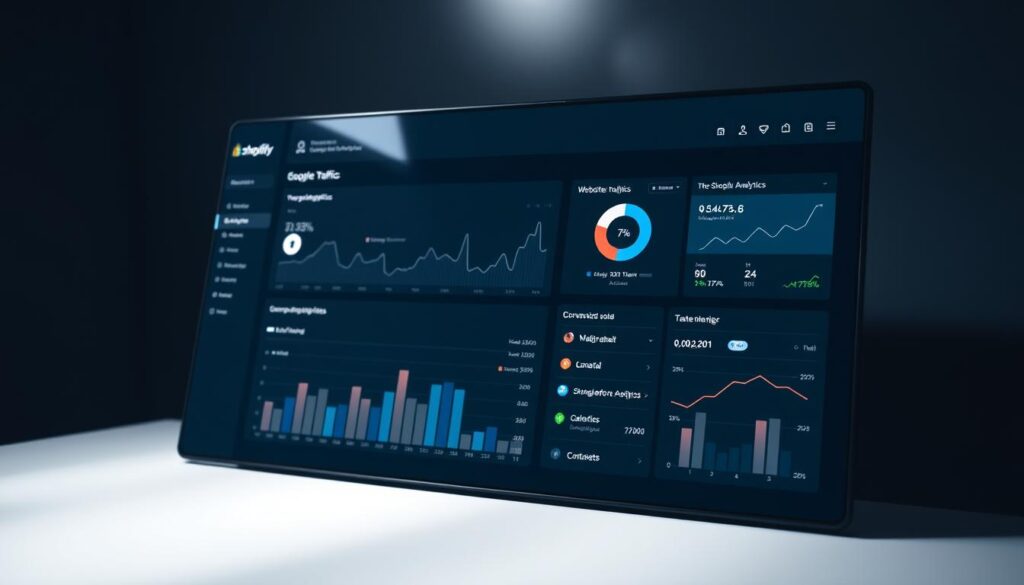 A clean, modern data visualization dashboard displaying Google Analytics metrics and insights. The interface features a sleek, minimalist design with a dark color scheme, highlighting key performance indicators such as website traffic, user engagement, and conversion rates. The dashboard is presented against a dimly-lit background, with subtle lighting effects creating a sense of depth and focus. The layout is well-organized, with clear data visualization elements like charts, graphs, and infographics. The overall atmosphere evokes a professional, analytical, and technology-driven ambiance, suitable for illustrating the integration of Shopify with Google Analytics.