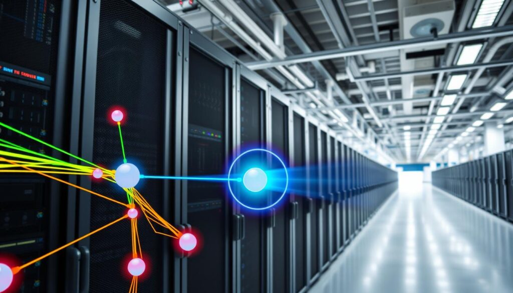 A comparative analysis of server speeds, showcasing a sleek, modern data center. In the foreground, a network diagram illustrates the interconnectivity of high-performance servers, with vibrant color-coded connections. The middle ground features rows of state-of-the-art server racks, their metallic casings gleaming under bright, even lighting. In the background, a panoramic view of the data center's expansive interior, with towering ceilings and a clean, minimalist aesthetic. The overall atmosphere is one of technological sophistication and efficient performance, conveying the technical prowess of the server infrastructure.