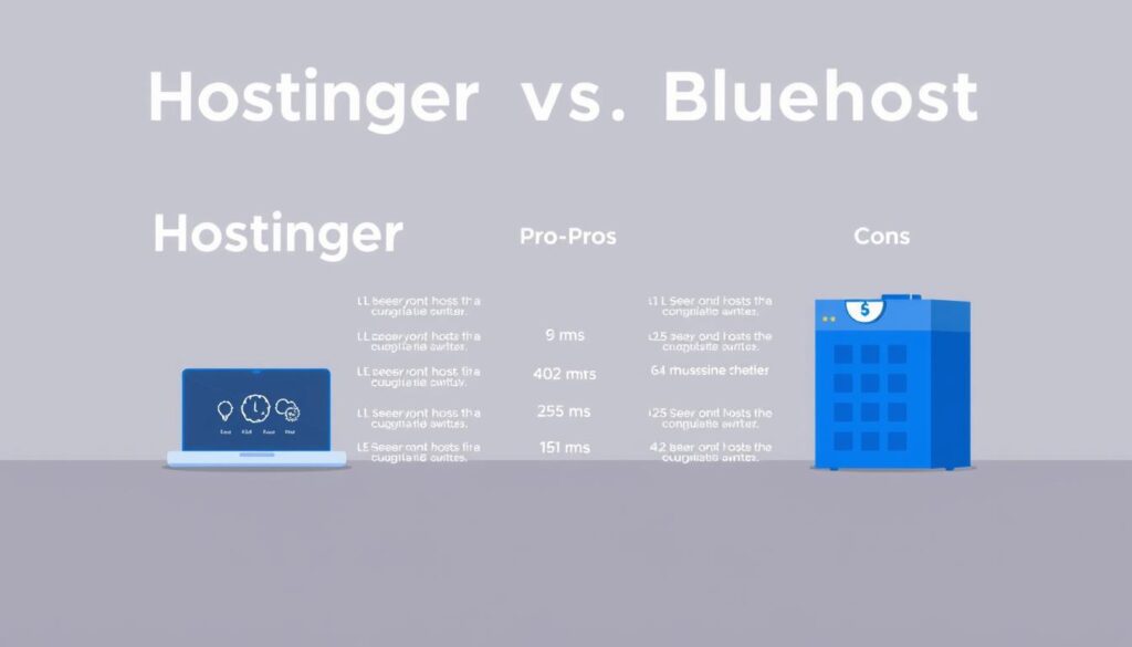 A comparison of Hostinger and Bluehost, with their pros and cons displayed in a clean, minimalist illustration. Set against a muted, neutral background, the image features two opposing sides, each showcasing key features of the respective hosting providers in a balanced, visually appealing manner. The foreground highlights the unique selling points of each service using simple, elegant icons and infographic-style elements. The middle ground provides additional details and statistics to support the comparison, while the background offers a sense of depth and context. Subtle lighting and a soft, cohesive color palette create a professional, informative atmosphere suitable for an editorial feature.