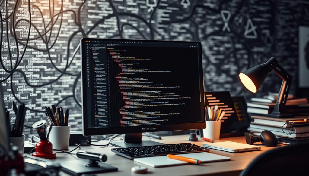 A complex web of intricate code, the template editing landscape comes to life. Showcase a well-organized workspace, with a sleek code editor taking center stage, its interface illuminated by a soft, warm glow. Surrounding it, an array of development tools and resources, meticulously arranged to create an efficient, productive environment. The background should convey a sense of depth, perhaps with subtly blurred lines of code or a subtle pattern suggestive of a digital landscape. The overall mood should be one of focused, professional craftsmanship, reflecting the care and attention required to navigate the complexities of template customization.