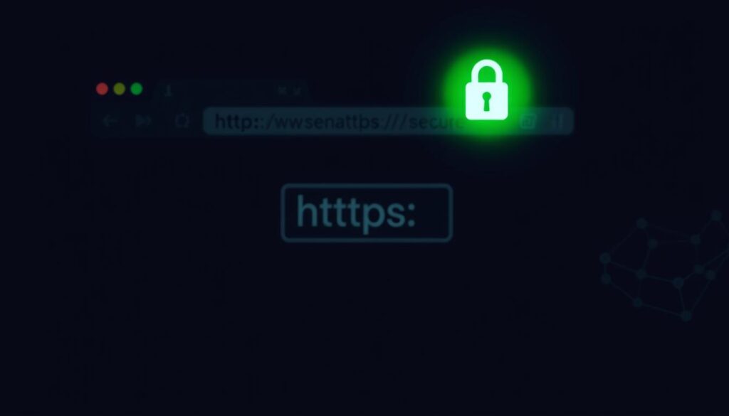 A dark, sleek WordPress website with a focus on the HTTPS protocol. In the foreground, a glowing green padlock icon symbolizes the secure connection, casting a soft light on the interface. The middle ground features a detailed illustration of a web browser window, showcasing the address bar with "https://" clearly visible. In the background, a subtle grid pattern or lines representing digital infrastructure create a sense of depth and technology. The overall mood is authoritative, trustworthy, and modern, conveying the importance of enabling HTTPS for a WordPress site.