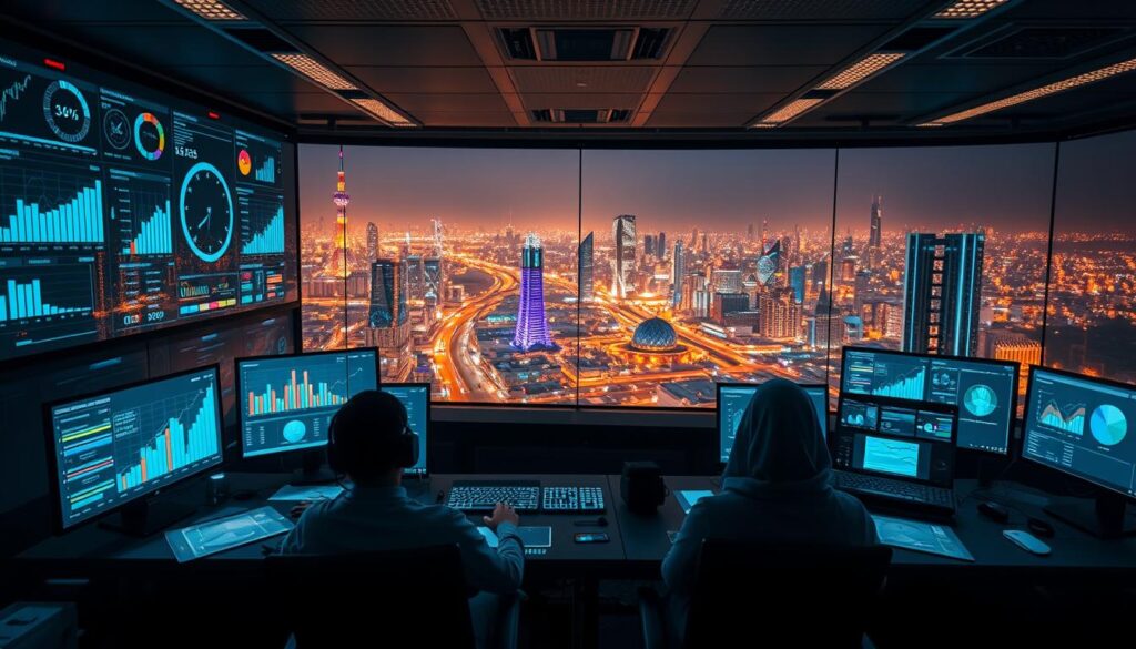 A data analysis command center, bathed in the glow of holographic dashboards and vibrant data visualizations. In the foreground, a team of analysts intently scrutinize charts and graphs, uncovering insights to guide strategic decisions. The middle ground features sleek, futuristic workstations with touch-sensitive displays, while the background showcases a panoramic view of a bustling city skyline, representing the broader context of the business landscape. Warm, ambient lighting sets a focused, productive mood, complemented by a subtle, technological hum. This image captures the essence of data-driven decision-making, a critical component of successful Shopify strategies in Saudi Arabia.