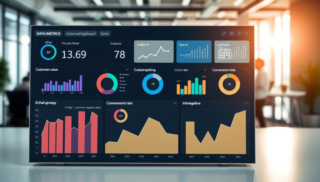 A data-driven dashboard showcasing the key metrics for measuring the success of customer segmentation strategies. The dashboard features a clean, minimalist design with a focus on visually striking data visualizations. The foreground displays a series of interactive charts, graphs, and infographics that track crucial KPIs such as customer lifetime value, churn rate, and conversion rates across different segmented customer groups. The middle ground depicts a team of data analysts and marketing professionals collaborating to interpret the insights. The background suggests a modern, technology-driven office environment with a hint of warm, natural lighting to create a sense of professionalism and productivity.