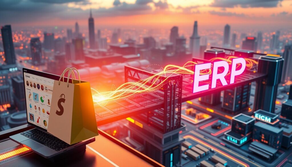 A detailed 3D illustration of two separate business systems, Shopify and an ERP, seamlessly integrating through a secure digital bridge. The foreground depicts the Shopify platform, represented by a modern, sleek interface with product listings, customer data, and order management tools. In the middle ground, the ERP system is visualized as a complex, interconnected network of financial, inventory, and supply chain modules. A vibrant, glowing energy field connects the two systems, symbolizing the dynamic integration process. The background showcases a futuristic, technological landscape with futuristic cityscapes, data centers, and digital infrastructure, all bathed in a warm, inviting color palette. Dramatic lighting and cinematic camera angles emphasize the harmonious fusion of these essential business systems.