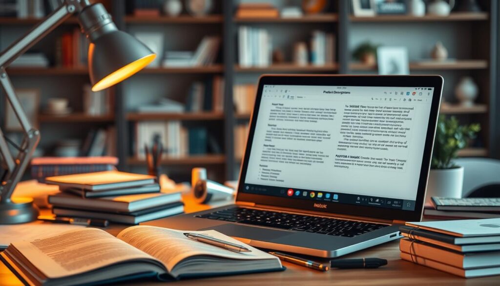 A detailed analysis of competitor product descriptions, captured through a professional photoshoot. The scene depicts a workspace with a laptop, open notebooks, and various office supplies, creating an atmosphere of focused research and evaluation. Warm lighting from a desk lamp casts a subtle glow, while the background features blurred shelves of books and decor, suggesting an intellectual, academic setting. The composition emphasizes the careful examination of product information, with a sense of thoughtfulness and strategic planning.