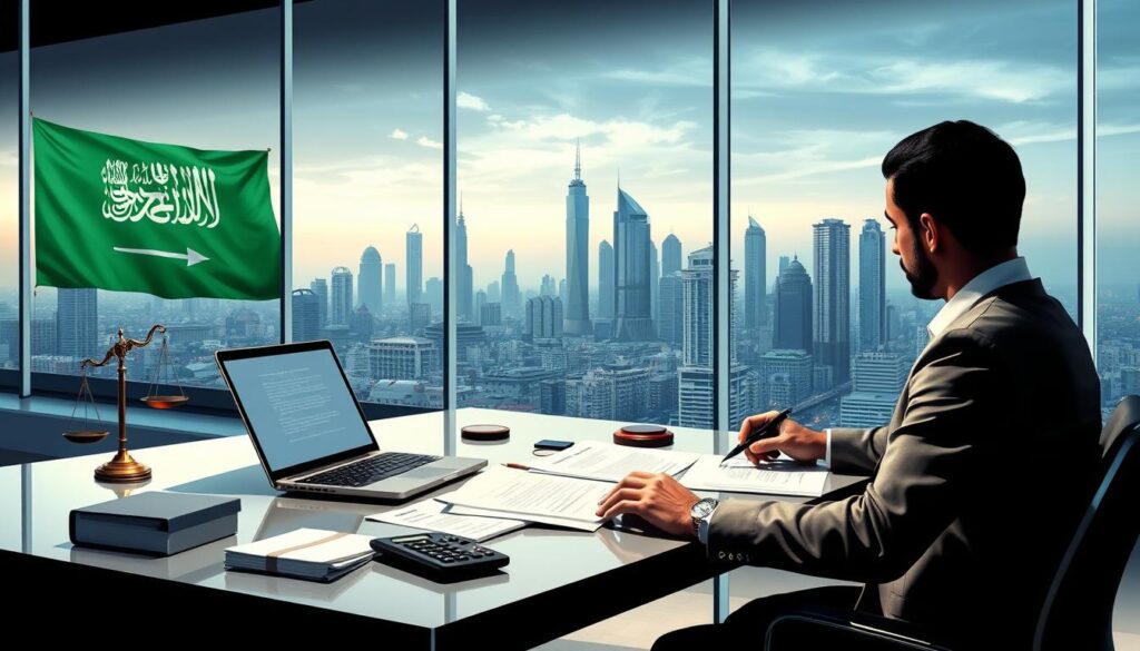 A detailed and photorealistic illustration of the legal and tax aspects of dropshipping in Saudi Arabia. The foreground features a person reviewing financial documents and legal contracts, with a laptop, calculator, and other office supplies on a sleek, minimalist desk. The middle ground shows various legal symbols and icons, including a gavel, scales of justice, and tax forms. The background depicts the Saudi Arabian flag, skyscrapers, and a bustling city skyline, conveying the modern, professional setting. The scene is illuminated by soft, directional lighting, casting subtle shadows and highlights to enhance the depth and realism. The overall mood is one of diligence, seriousness, and attention to detail, reflecting the importance of understanding the legal and tax implications of dropshipping in the region.