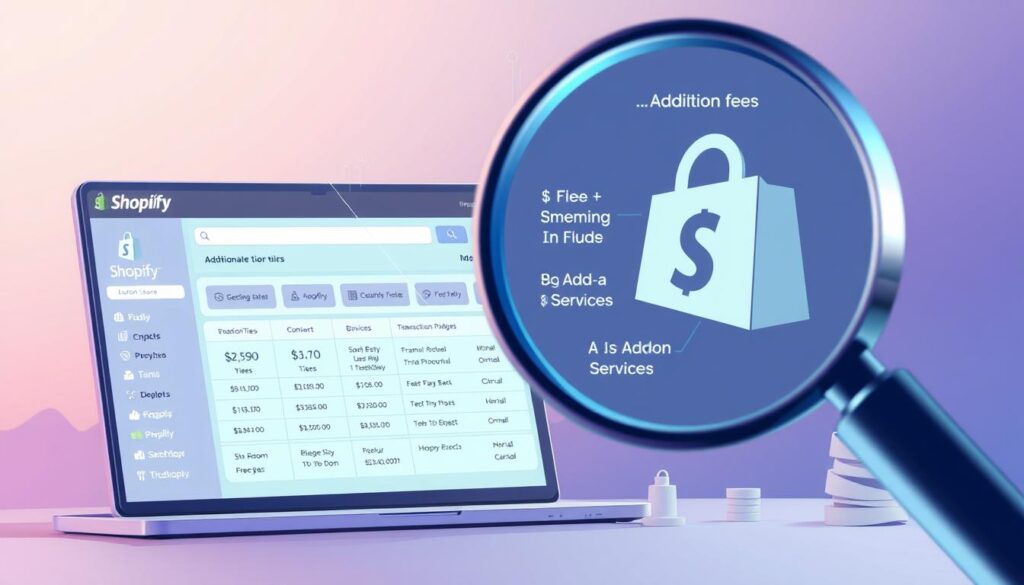 A detailed and visually captivating illustration depicting the additional fees and hidden costs associated with running a Shopify e-commerce store. The foreground showcases a Shopify store dashboard, with various subscription tiers, transaction fees, and add-on service icons prominently displayed. The middle ground features a magnifying glass, highlighting the intricate breakdown of these expenses. The background subtly blends Shopify's signature colors, creating a professional and modern aesthetic. The lighting is soft and diffused, emphasizing the importance of these financial considerations for Shopify merchants. The overall composition conveys a sense of careful analysis and transparency, guiding the viewer through the complexities of Shopify's pricing structure.