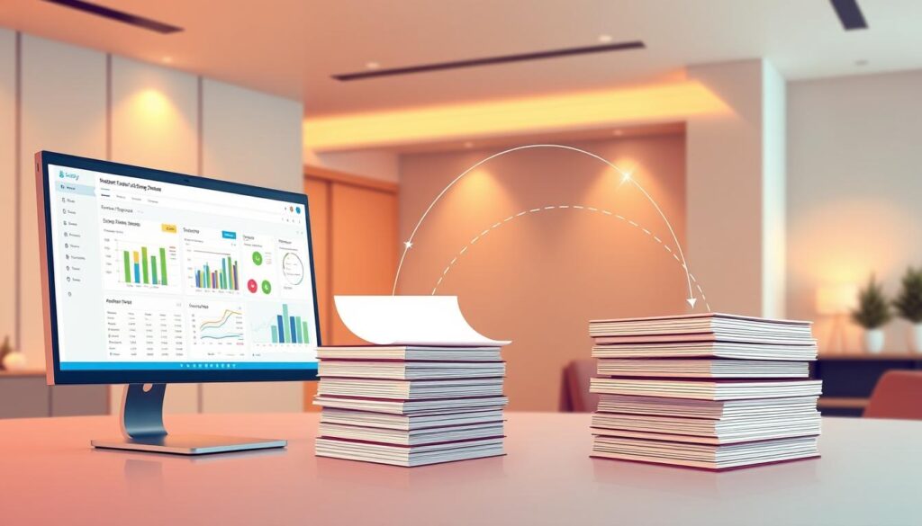A detailed and visually striking illustration showcasing the seamless integration between an online shop powered by Shopify and a robust accounting software. The scene depicts a sleek and modern office setting, with a large computer monitor in the foreground displaying the Shopify dashboard. In the middle ground, a well-organized stack of accounting ledgers and documents represents the accounting software, connected to the Shopify platform through elegant, flowing lines of data transfer. The background features a minimalist, yet sophisticated interior design, with warm lighting and neutral tones creating a professional and productive atmosphere. The overall composition conveys the efficiency, organization, and synergy achieved by effortlessly linking Shopify and the accounting software, a key aspect of the article's topic.