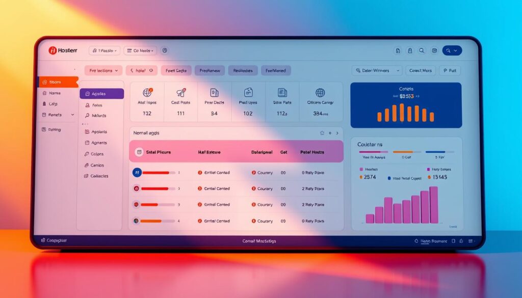 A detailed and visually stunning control panel interface for Hostinger web hosting service. The panel features a clean, minimalist design with intuitive navigation elements and clear section delineations. Vibrant color accents and subtle gradients create a modern, high-tech aesthetic. The layout is organized into distinct functional areas with responsive icons and interactive widgets. Crisp, high-resolution graphics and a carefully balanced composition draw the viewer's attention to the panel's core features and utilities. Warm, directional lighting casts subtle shadows that add depth and dimensionality to the scene. The overall mood is one of efficiency, professionalism and user-friendliness.