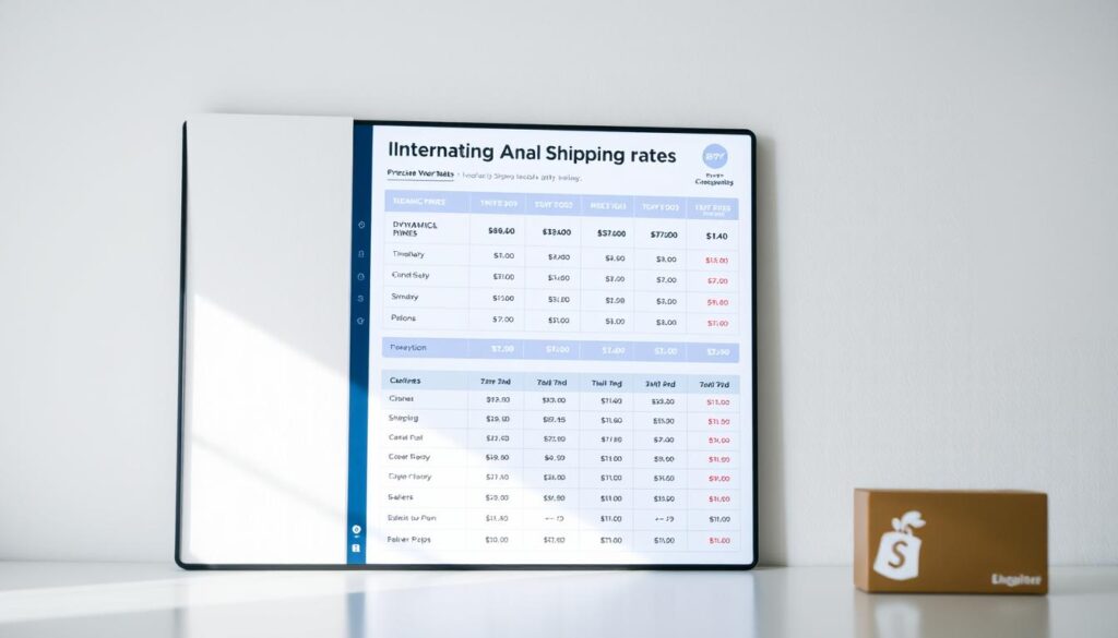 A detailed, carefully-composed image of international shipping rates. Set against a clean, minimalist background, the frame captures a sleek, modern interface displaying an interactive chart with dynamic price points, shipping timelines, and delivery options for international destinations. The foreground features precise, data-driven visualizations conveying shipping costs, weight limits, and other key variables. Subtle lighting and a slightly elevated camera angle create a sense of professionalism and authority, as if viewed from the perspective of a Shopify merchant evaluating their global shipping setup. The overall mood is one of clarity, functionality, and data-driven decision making.