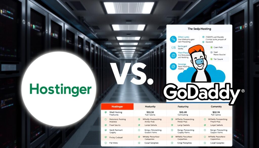A detailed comparison of Hostinger and GoDaddy hosting services, showcased in a high-quality, visually striking image. Prominent placement of the two brand logos, with a clean and modern layout. The foreground should feature a side-by-side comparison of key hosting features, metrics, and pricing plans, presented in an infographic-style format. The background should convey a sense of technology and digital infrastructure, with subtle references to web hosting, servers, and cloud computing. Lighting should be clean and bright, with a crisp, high-resolution rendering. The overall atmosphere should be professional, informative, and visually appealing to illustrate the detailed comparison between these two leading web hosting providers.