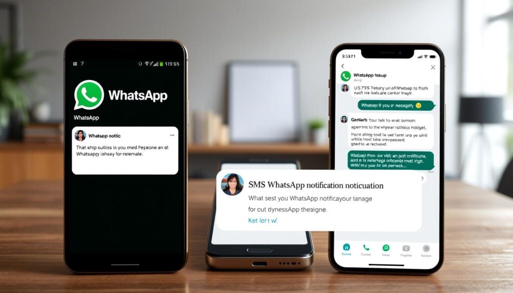 A detailed comparison of WhatsApp notifications and SMS (short message service) notifications. The image depicts a sleek, modern interface showcasing the key differences between the two messaging platforms. The foreground displays side-by-side mock-ups of a WhatsApp notification and an SMS notification, highlighting their distinct visual styles and information density. The middle ground features stylized smartphone devices to reinforce the mobile context. The background subtly suggests a professional, workplace setting with muted colors and minimalist decor, alluding to the practical application of this comparison in a business or technology-focused article. Lighting is soft and diffused, creating a sense of clarity and focus on the central notification elements. The overall composition conveys a sense of balance, efficiency, and technological sophistication.