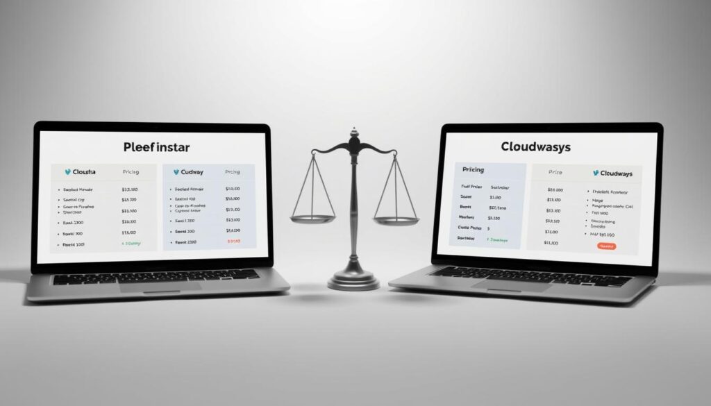 A detailed comparison of pricing and value for money, showcased in a clean, minimalist design. The foreground features two laptop screens displaying side-by-side pricing breakdowns for Kinsta and Cloudways, allowing for easy comparison. The middle ground shows a balance scale, symbolizing the assessment of cost versus benefits. The background is a subtle gradient, keeping the focus on the central information. Soft, directional lighting casts gentle shadows, creating depth and a sense of professionalism. The overall tone is one of informed decision-making, guiding the viewer through the critical factors to consider when evaluating these web hosting services.