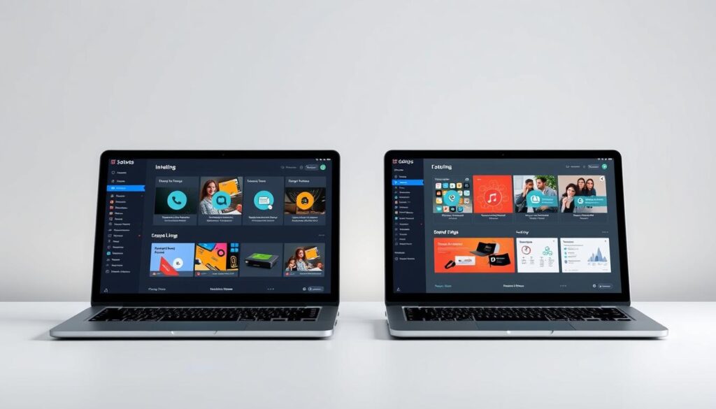 A detailed comparison of two user interfaces, presented in a clean, minimalist style. The foreground showcases the key features and design elements of each interface, with a focus on intuitive navigation, responsive layouts, and visually appealing aesthetics. The middle ground highlights the differences in functionality, workflow, and overall user experience. The background sets a neutral, yet professional tone, with soft gradients and subtle textures to create a sense of depth and balance. Lighting is balanced, with a soft, diffused illumination that emphasizes the clarity and legibility of the interfaces. The camera angle is positioned to provide a comprehensive, user-centric view, allowing for a comprehensive evaluation of the comparative user experience.