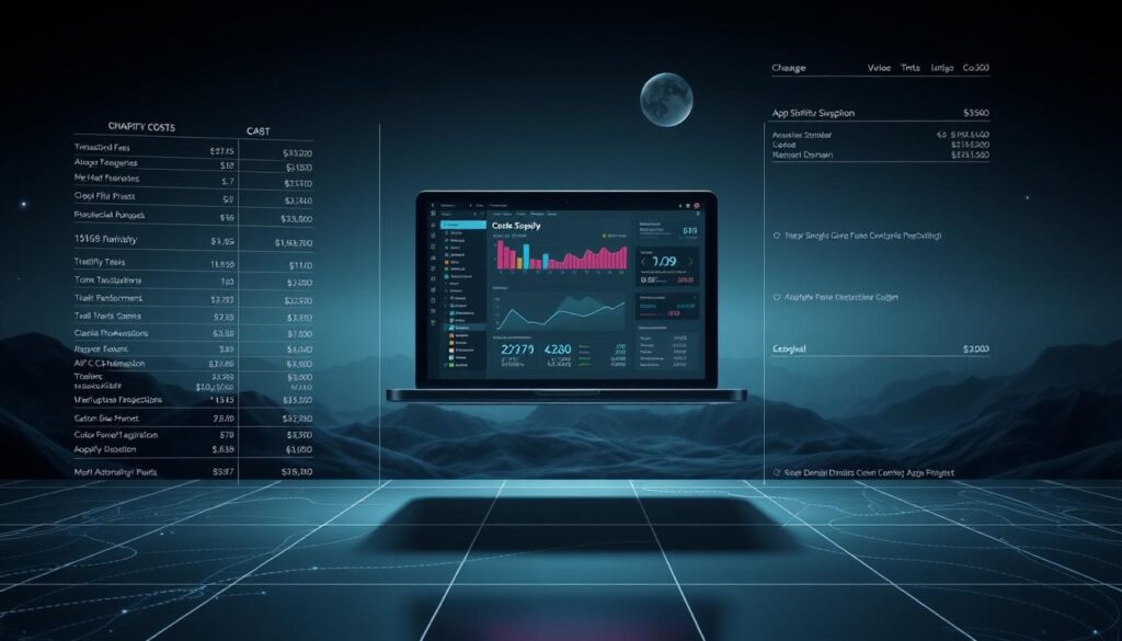 A detailed, complex Shopify cost breakdown with intricate line items and financial calculations floating above a sleek, futuristic interface. The foreground showcases various Shopify-related costs such as transaction fees, app subscriptions, and custom domain registration, all presented in a clean, data-driven visualization. The middle ground features a minimalist, floating Shopify dashboard displaying analytical charts and metrics. The background depicts a serene, tech-inspired landscape with subtle, holographic elements to convey a sense of digital sophistication. Dramatic studio lighting casts dramatic shadows, creating depth and emphasizing the precise financial details. An overall tone of professionalism, clarity, and technological elegance permeates the scene.