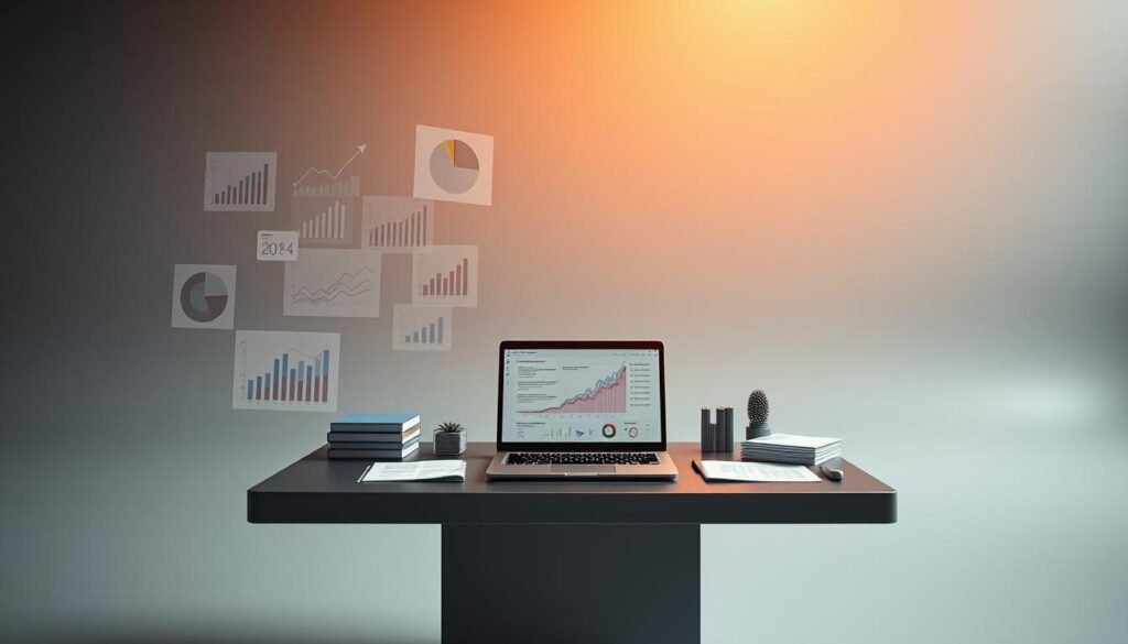 A detailed, data-driven market analysis set against a stark, minimalist backdrop. In the foreground, a series of crisp, analytical charts and graphs hovering in midair, bathed in warm, directional lighting. The middle ground features a sleek, metallic desk with a laptop displaying competitive insights, surrounded by neatly organized research materials. In the background, a muted, gradient-heavy environment suggestive of a modern, high-tech workspace. The overall mood is one of focused, strategic contemplation - a visual representation of the rigorous "competitive analysis" process.