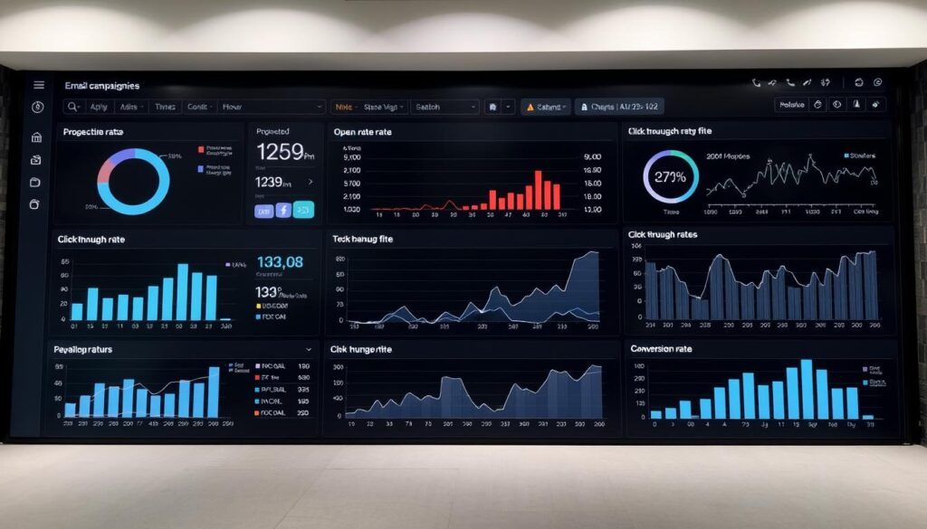 A detailed data visualization analyzing the performance of email marketing campaigns, presented in a sleek and professional manner. The foreground showcases a series of interactive charts and graphs, meticulously designed to provide insights into key metrics such as open rates, click-through rates, and conversion rates. The middle ground features a sophisticated dashboard layout, with clean typography and intuitive UI elements. The background sets the scene with a muted color palette and subtle textures, creating a visually striking and impactful presentation. The lighting is soft and balanced, highlighting the data while maintaining a sense of depth and dimensionality. The camera angle is slightly elevated, lending an authoritative and informative perspective to the scene.
