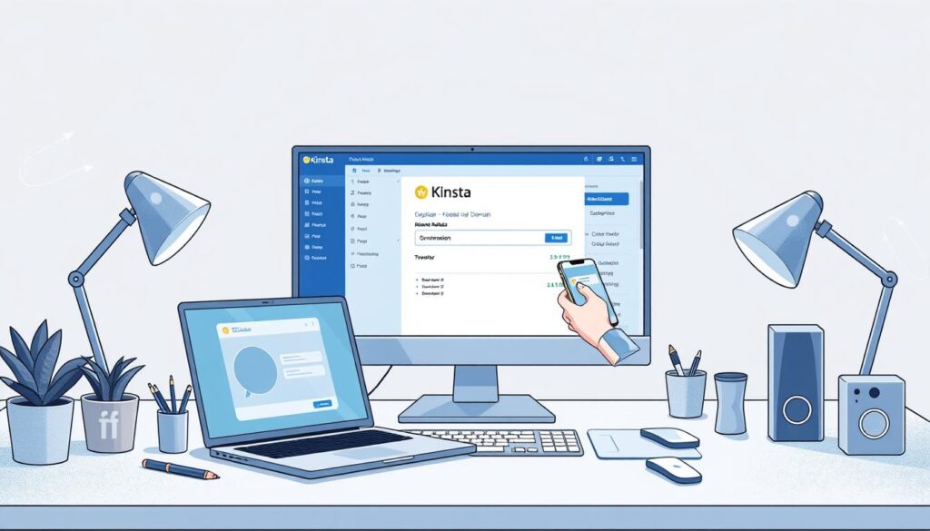 A detailed, high-quality illustration showcasing the process of connecting a domain to a Kinsta hosting account. The scene depicts a sleek, modern desktop workspace with a laptop, mobile device, and various productivity tools. In the foreground, a user is intuitively navigating the Kinsta dashboard, while in the middle ground, a domain registration or transfer process is unfolding. The background features a clean, minimalist design, with subtle textures and gradients that create a sense of depth and professionalism. The overall mood is one of efficiency, simplicity, and technical expertise, perfectly capturing the essence of the "Connecting Your Domain to Kinsta" section.