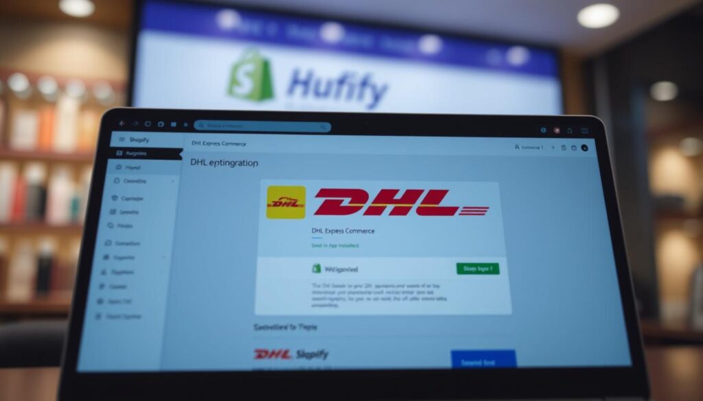 A detailed, high-quality image of "تثبيت إضافة DHL Express Commerce" for an article on integrating DHL with Shopify. The foreground shows the Shopify admin panel with a prominent focus on the DHL Express Commerce app installation screen, showcasing the setup process. The middle ground depicts the DHL logo and branding elements, symbolizing the integration. The background features a subtle, blurred Shopify storefront, hinting at the broader context. The lighting is soft and evenly distributed, creating a professional, informative atmosphere. The camera angle is slightly angled to provide an engaging, dynamic perspective.