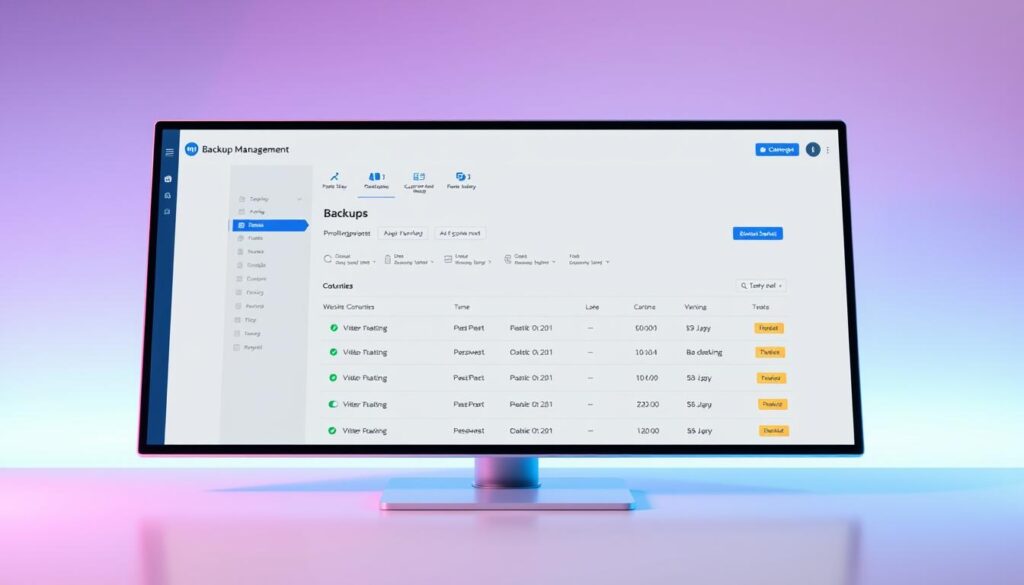 A detailed, high-resolution screenshot of the MyKinsta control panel interface, showcasing its backup management section. The panel should be displayed on a sleek, modern desktop with a tasteful gradient background, creating a professional and polished aesthetic. The lighting should be soft and diffused, accentuating the clean lines and intuitive layout of the control panel. The camera angle should be slightly elevated, providing a comprehensive view of the backup management tools and options available to the user. The overall mood should convey a sense of efficiency, organization, and ease of use, reflecting the panel's role in simplifying website backup management.