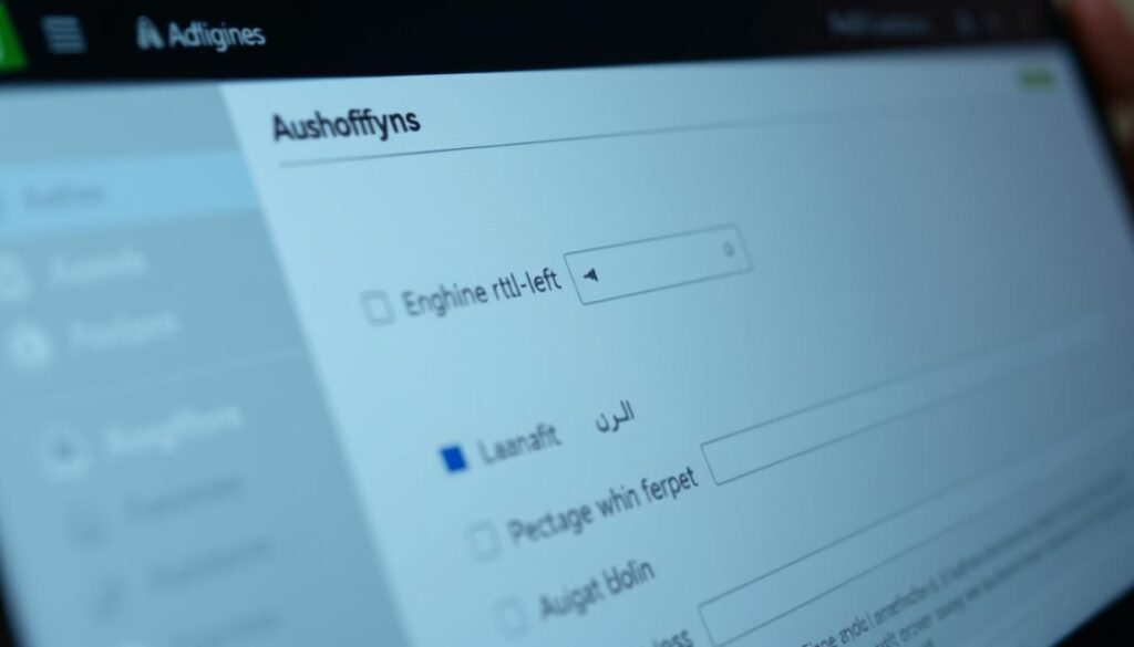 A detailed, highly technical-looking image of the Shopify admin dashboard, focused on the settings panel for configuring right-to-left (RTL) language support. The panel shows various options and toggles for enabling RTL mode, with a clean, minimalist user interface. The foreground is well-lit, with a slight depth of field, drawing the viewer's attention to the key settings. The background is slightly blurred, hinting at the broader Shopify interface. The overall mood is one of precision, functionality, and attention to detail, reflecting the importance of properly configuring RTL support for an Arabic-language Shopify store.