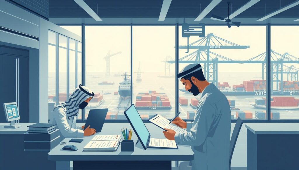 A detailed illustration of the Saudi Customs system, showcasing its complex workflow and administrative procedures. Capture the modern architecture of a customs office, with clean lines and minimalist design. Depict customs agents meticulously reviewing documentation, using cutting-edge technology to streamline the process. In the background, showcase the bustling activity of an international port, with ships and cargo containers to convey the scale and importance of the customs operations. Utilize a muted color palette with shades of blue and gray to convey a sense of professionalism and efficiency. Illuminate the scene with soft, directional lighting to create depth and highlight the various elements. Compose the image to emphasize the interconnectedness of the different components of the Saudi Customs system.