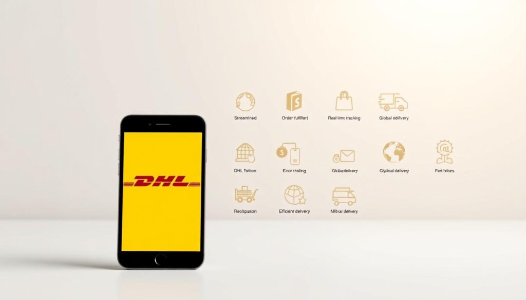 A detailed illustration of the benefits of integrating DHL with Shopify. Depicted in a crisp, clean style with a modern, minimalist aesthetic. The foreground showcases two digital devices - a smartphone and a tablet - displaying the DHL and Shopify logos, symbolizing their seamless integration. The middle ground features an array of shipping-related icons, representing the key advantages such as streamlined order fulfillment, real-time tracking, and efficient global delivery. The background is a soft, neutral gradient that sets a professional, informative tone. Lighting is bright and diffused, casting an aura of clarity and reliability around the scene. The overall composition conveys the value proposition of this powerful e-commerce partnership in a visually compelling and impactful manner.