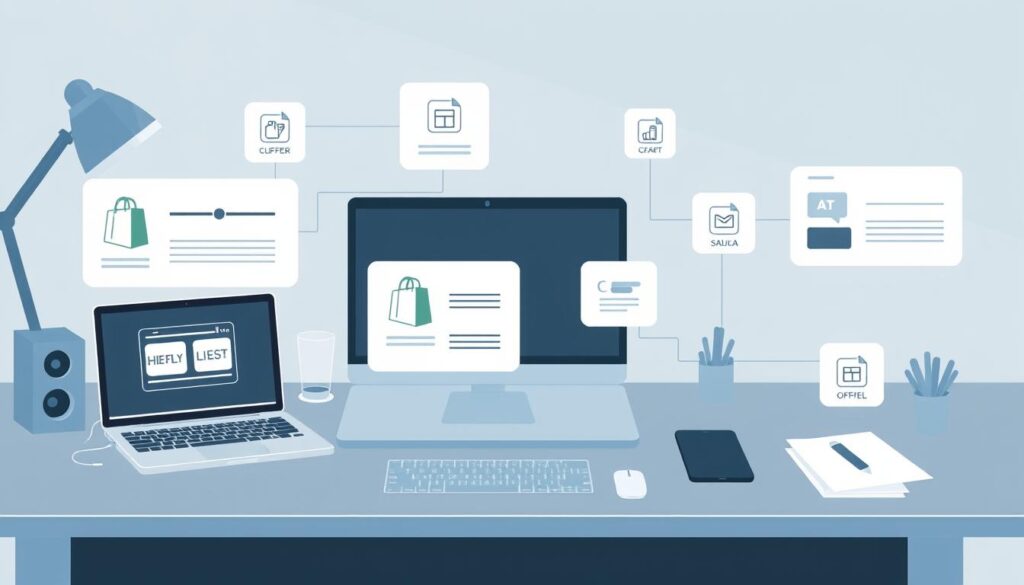 A detailed illustration showcasing the process of integrating payment gateways with a Shopify store in Saudi Arabia. Capture the scene with a clean, minimalistic design aesthetic. Depict a modern desktop workspace with a laptop, tablet, and various digital devices arranged neatly. Overlay subtle grid lines and geometric patterns to convey a sense of structure and technical precision. Incorporate sleek icons and UI elements to represent the key steps of the payment integration workflow. Utilize a cool, muted color palette of blues, grays, and whites to create a professional, authoritative atmosphere. Ensure the overall composition is visually balanced and harmonious, drawing the viewer's attention to the core subject matter.