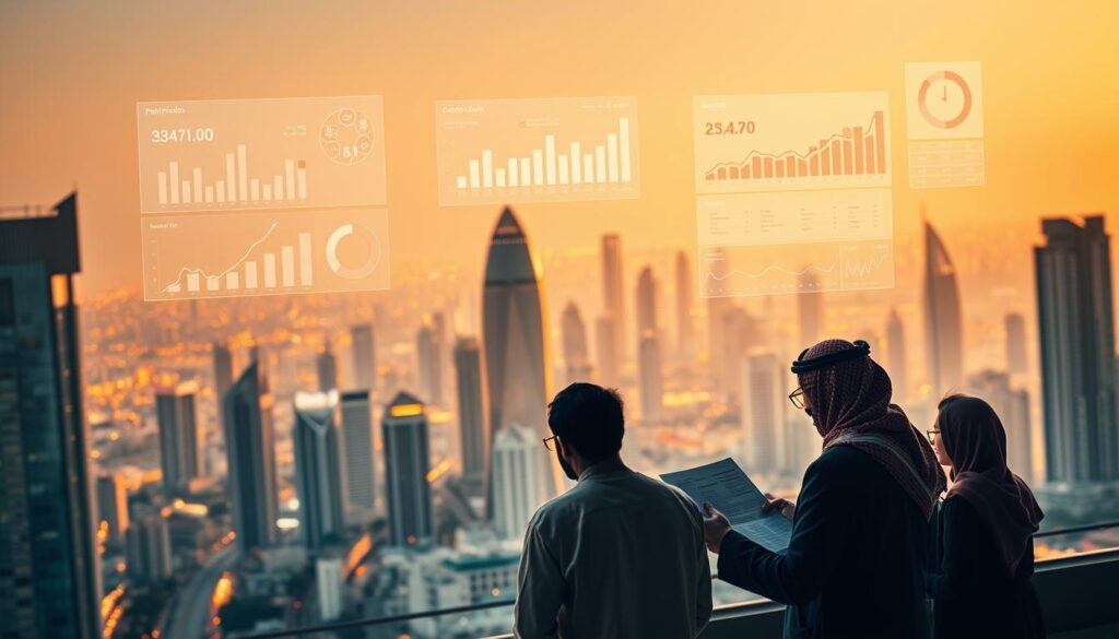 A detailed market analysis of the vibrant Saudi consumer landscape. Set against the backdrop of a bustling city skyline, data visualizations and analytics dashboards hover in a sleek, minimalist composition. Warm lighting casts a golden glow, evoking the dynamic growth and untapped potential of the Saudi market. In the foreground, a team of market researchers pore over reports and charts, immersed in uncovering key insights to guide the development of a strong Saudi brand identity. The overall mood is one of focused, data-driven strategy - a meticulous exploration of the competitive landscape to build a powerful, differentiated Saudi brand on Shopify.