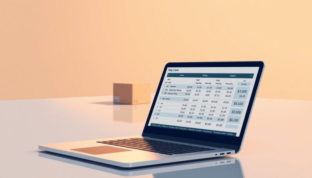 A detailed, minimalistic illustration depicting the process of calculating shipping costs. Prominent in the foreground is a sleek, modern laptop displaying a spreadsheet-like interface with numerical data and pricing information. In the middle ground, a tangible package or shipping box rests on a clean, reflective surface, casting a subtle shadow. The background features a softly blurred, muted color palette, allowing the focal elements to stand out. Warm, directional lighting from the upper left casts gentle shadows and highlights, creating depth and a sense of professionalism. The overall mood is one of precision, efficiency, and attention to detail - reflecting the subject matter of accurately determining appropriate shipping rates for customers.