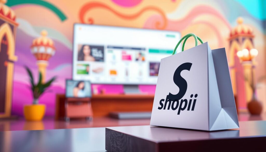 A detailed, modern, and visually appealing illustration of the Shopify platform, showcased against a vibrant backdrop. The image should depict the Shopify logo and interface prominently in the foreground, with a clean, minimalist design that highlights the platform's user-friendly features and capabilities. The mid-ground should feature a selection of e-commerce products or an online store interface, emphasizing Shopify's versatility and suitability for various business needs. The background should convey a sense of the Saudi Arabian market, with subtle cultural references or architectural elements that complement the Shopify branding. Lighting should be soft and natural, creating a welcoming and professional atmosphere. The overall composition should be well-balanced, with a clear focal point and a harmonious blend of colors, shapes, and textures.