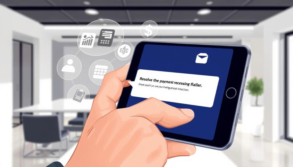 A detailed, photorealistic illustration of a person resolving a payment processing failure on a digital device. The foreground depicts a hand holding a smartphone or tablet, the screen displaying an error message. The middle ground shows various digital payment methods and icons. The background features a minimalist, sleek office or workspace environment with neutral colors and clean lines, conveying a sense of modern technology and efficiency. The lighting is soft and natural, highlighting the digital elements. The overall mood is one of problem-solving and restoring smooth financial transactions.