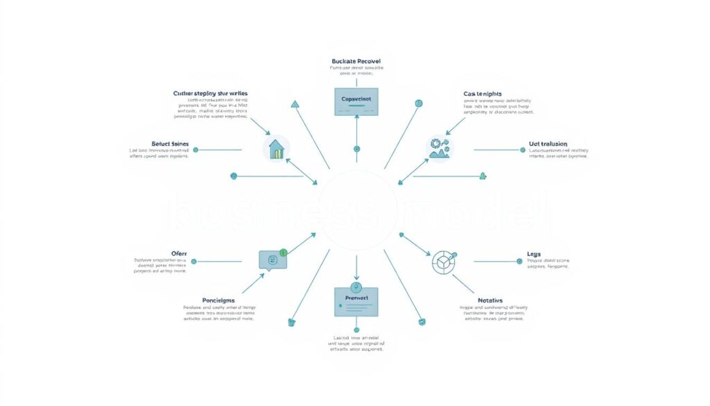 A detailed, realistic illustration of a "business model" diagram, depicted as a clean, minimalist infographic on a plain white background. The diagram should feature various geometric shapes and lines arranged in a logical, structured layout to convey the key components and relationships of a business model. Use a muted color palette, such as shades of gray, blue, and green, to create a professional, analytical aesthetic. Ensure the overall design is visually striking yet easy to comprehend, with a focus on clarity and simplicity to effectively communicate the core elements of a business model.